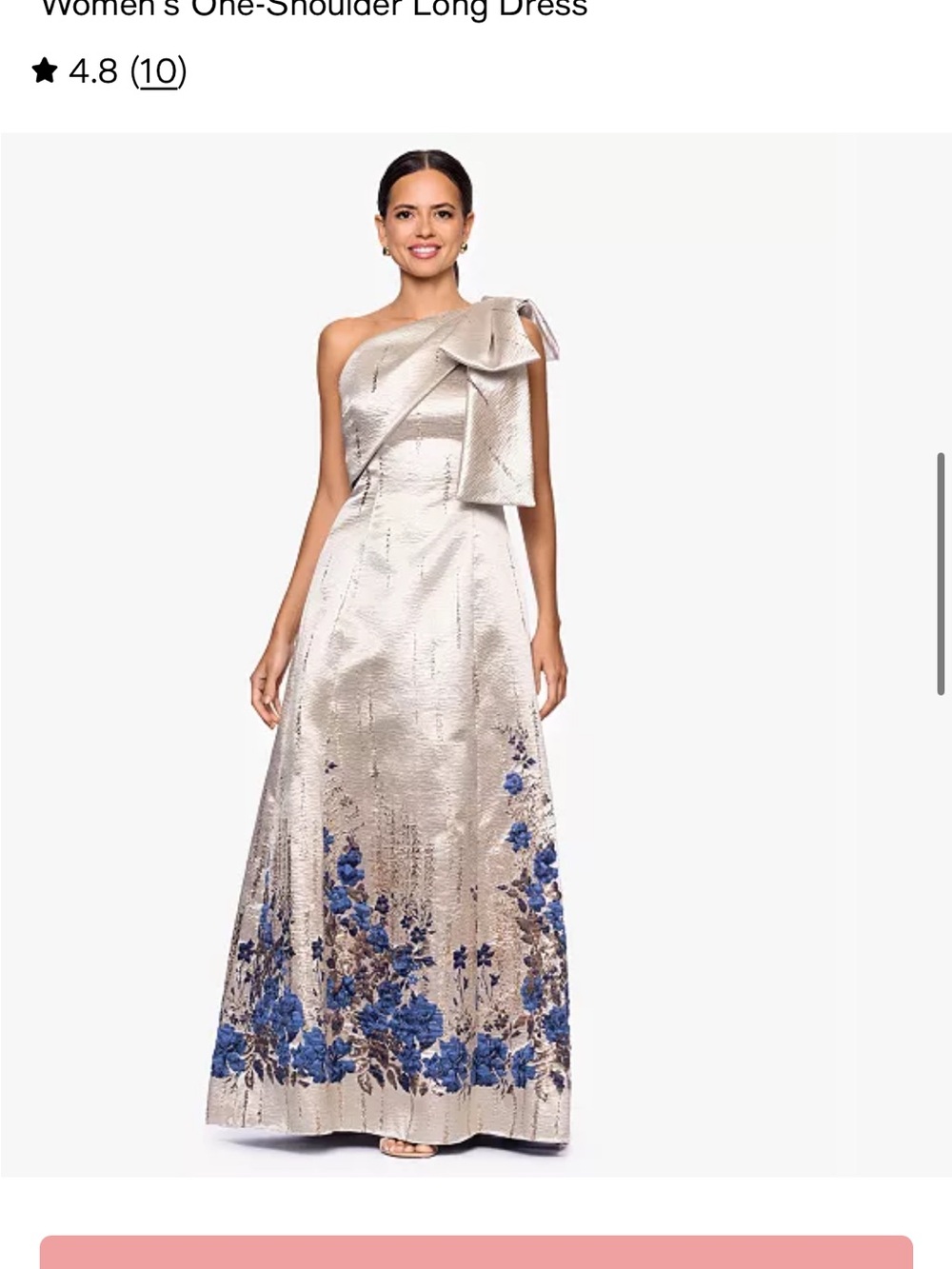 Betsy & Adams One-Shoulder Metallic Floral Evening Gown in Champagne and Blue
